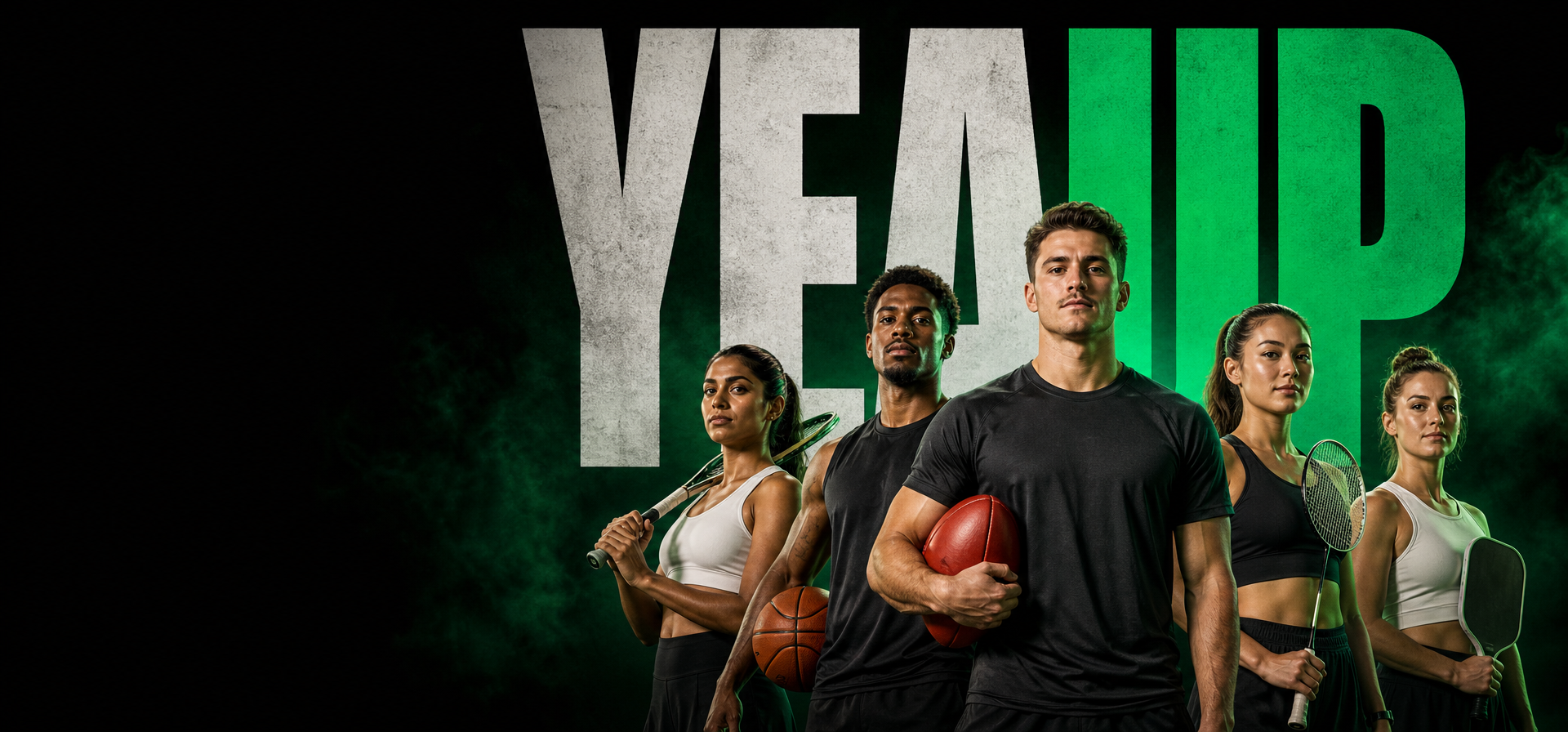 Five YEAUP athletes standing together with an AFL football, basketball, tennis racquet, badminton racquet and pickleball paddle in front of a giant YEAUP wordmark
